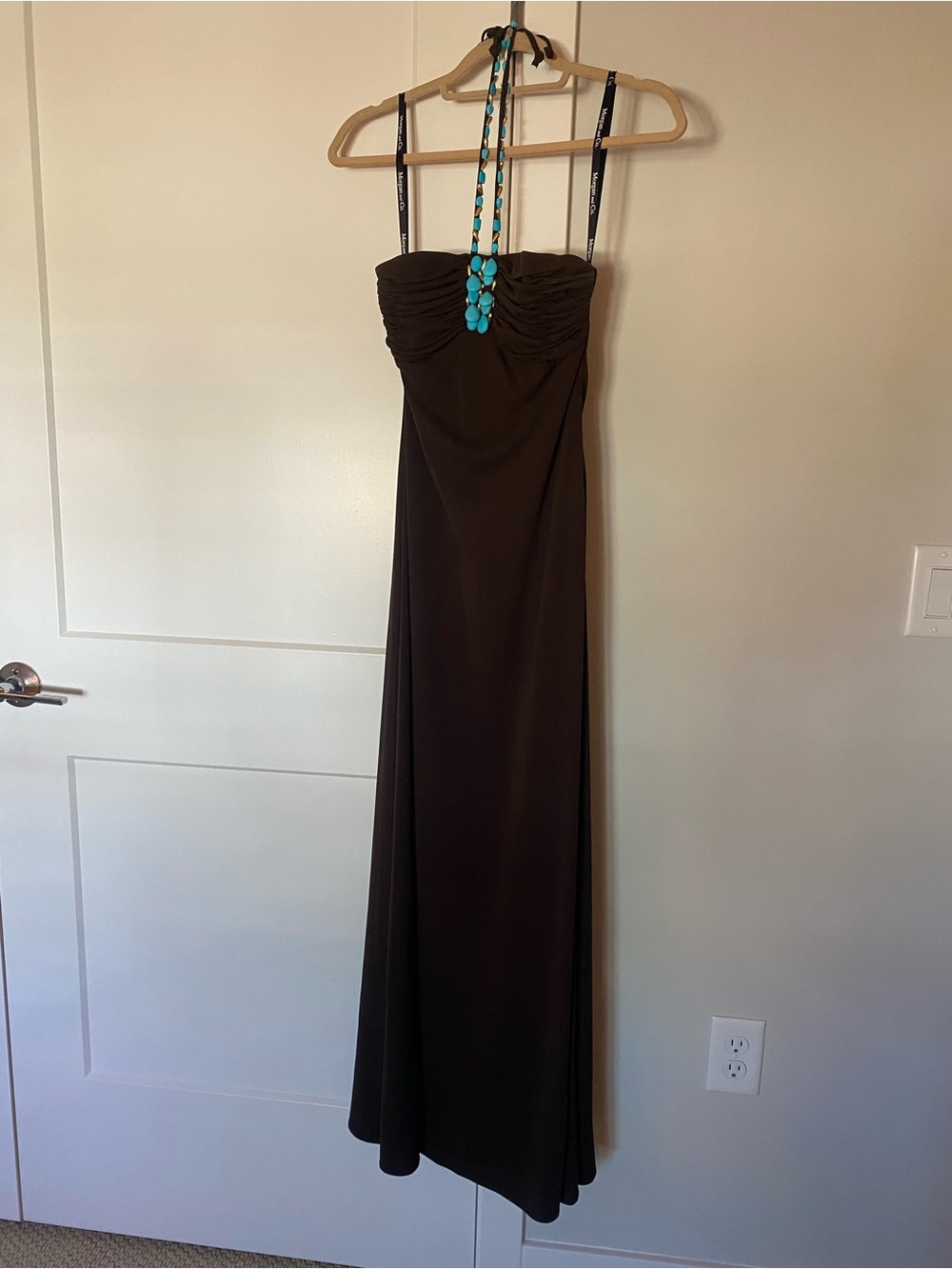 Morgan & Co. Chocolate Brown Strapless Maxi Dress w/turquoise & gold beads/LN